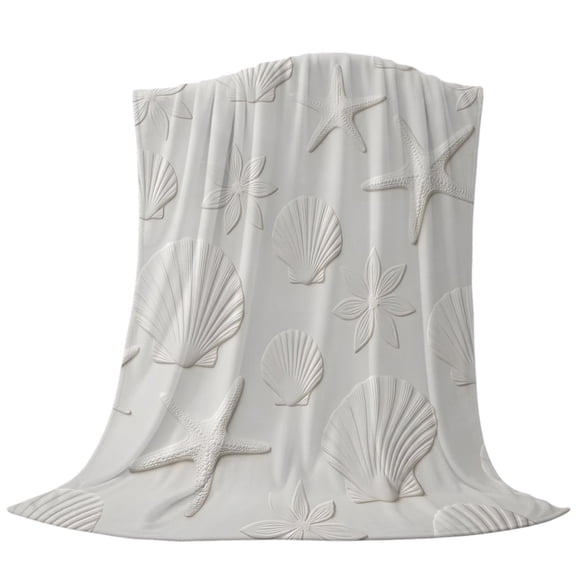 White Shell Starfish Fleece Throw Blanket Lightweight Summer Beach Ocean Shells Embossed Texture Fuzzy Flannel Throws Super Soft Cozy Flannel Blanket for Couch, Sofa, Bed, Travel 50"x60"