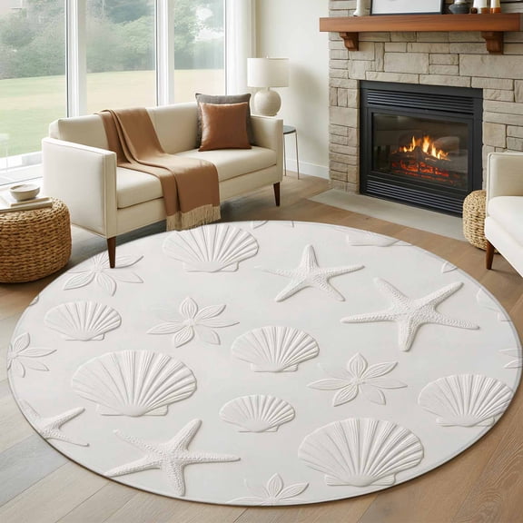 White Shell Starfish Round Rug 5Ft Summer Beach Ocean Shells Embossed Texture Circle Area Rugs Washable Non Slip Indoor Floor Mats Carpet for Living Room Bedroom Dining Room Home Decor