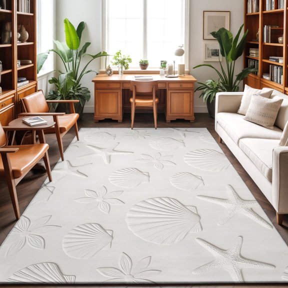 White Shell Starfish Washable Area Rug 9 x 12 ft Summer Beach Ocean Shells Embossed Texture, Soft Non Slip Rugs Stain Repellent Indoor Felt Carpet for Living Dining Room Bedroom Home Office