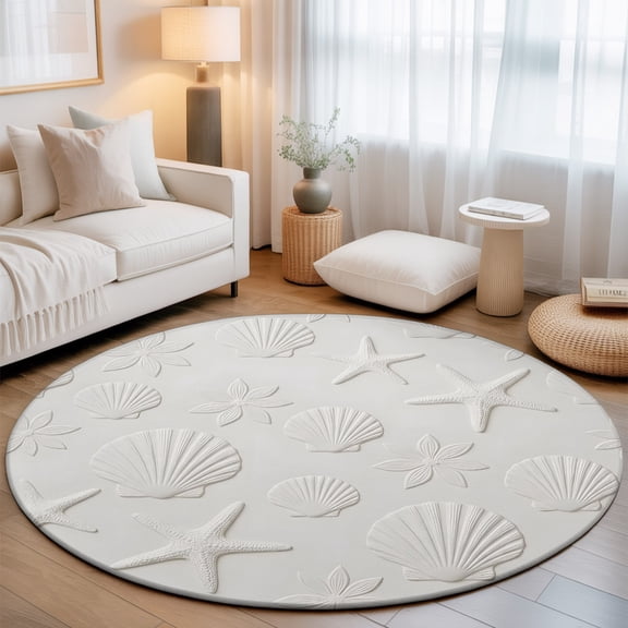 White Shell Starfish Washable Round Area Rug 3 ft, Summer Beach Ocean Shells Embossed Texture, Soft Non Slip Rugs Stain Repellent Indoor Felt Carpet for Living Dining Room Bedroom Home Office