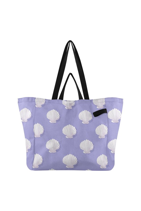 White Shells Lavender Background Foldable Canvas Tote Bags Reusable Grocery Bags Laundry Bags Beach Bag 32L