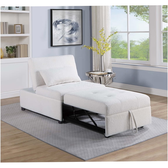 White Sherpa Convertible Sofa Bed, Armless Sleeper Chair with Pull-Out Mechanism, Modern Accent Pillow for Living Room, Apartment