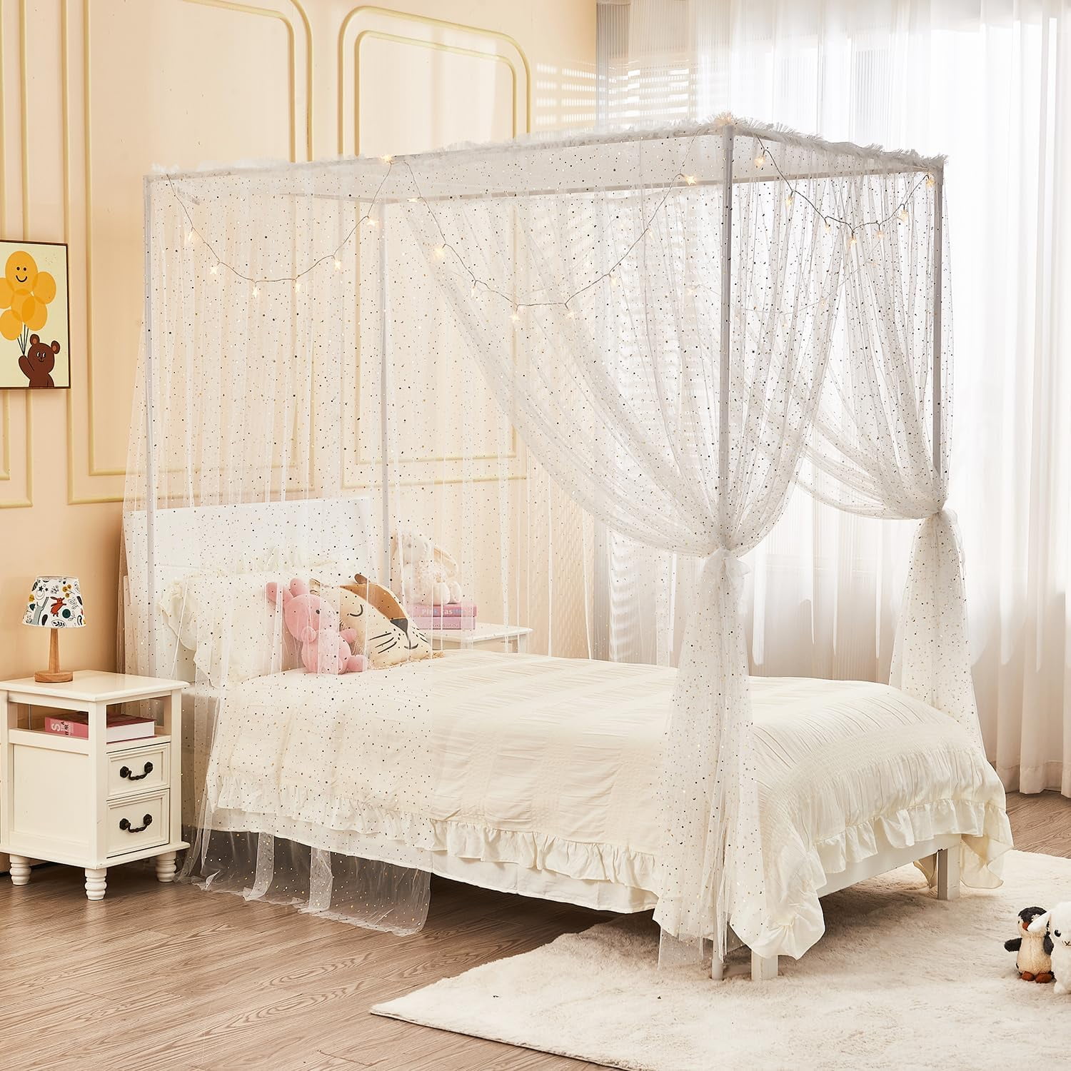 White Shiny Bed Canopy with Lights for Girls Kids, 4 Corner Post Moon Stars Sequin Princess Canopy Bed Curtains for Bedroom Decor (Twin, White)