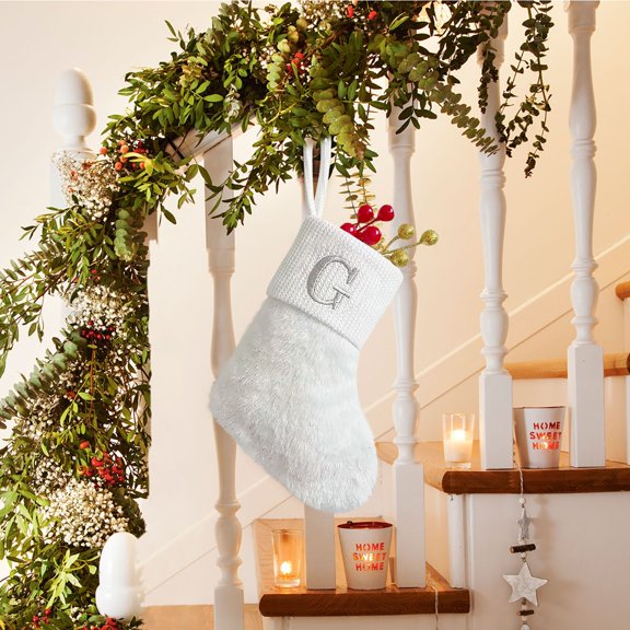 White Shiny Silk Christmas Stocking - 9-Inch Personalized Letter Socks for Fireplace, Tree, or Wall Decor - Elegant Holiday Decoration with Embroidered Initials