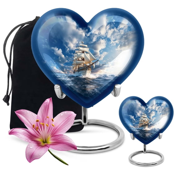 White Ship With Cloud Tiny Urn For Ashes Adult Male - Memorial Large Urn For Ashes For Mom - Handcrafted Burial Gifts For Decorative Combo 10Inch 200Lbs And 3Inch Keepsake Urn