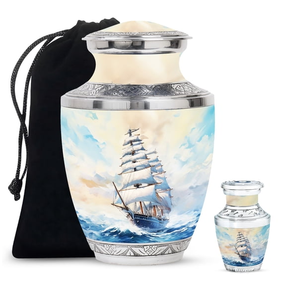 White Ship Tiny Urn For Ashes For Women - Memorial Large Urns For Human Ashes Adult Dad - Handmade Decorative Unique Gifts For Men Combo 10Inch 200Lbs And 3Inch Keepsake Urn