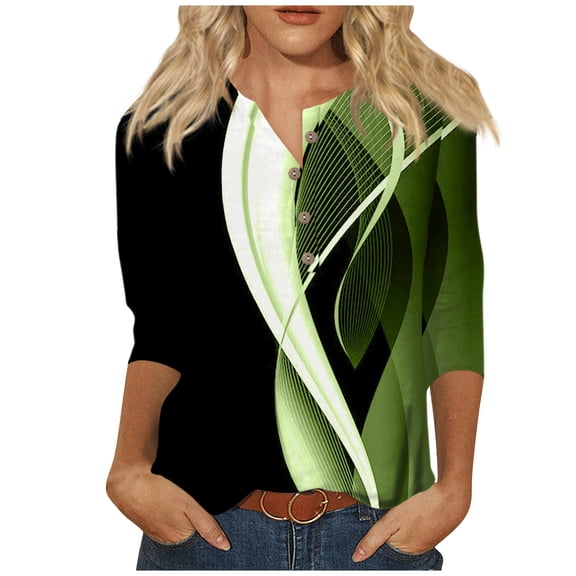 White Shirt 3/4 Sleeve Casual Skiing Tops Womens Oversized Fall Tie-Dye Crewneck
