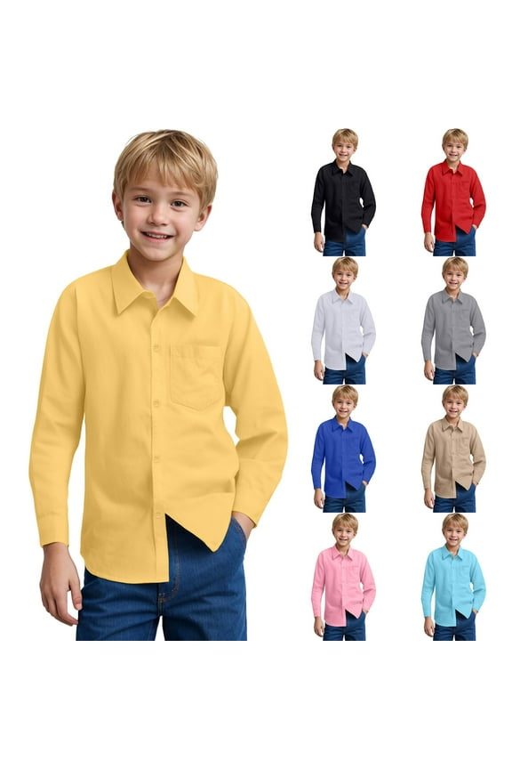 White Shirt Long Sleeve Boys Chambray Shirts Short Sleeve Button Down Casual Cotton Woven Shirt with Two Pockets for Kids 6-14 Years