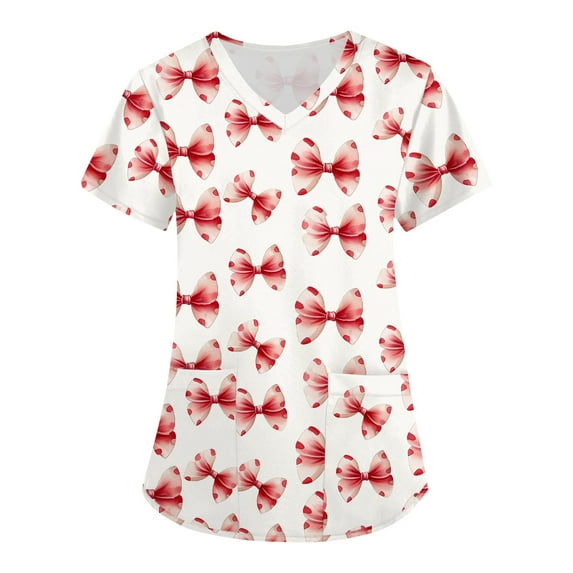 White Shirt Womens, Durable Healthcare Uniform Tops 2025 Nursing Graduation Scrubs Breathable Four Season Medical Uniforms for Women V-Neck Scrub Comfortable Workwear Red 5Xl