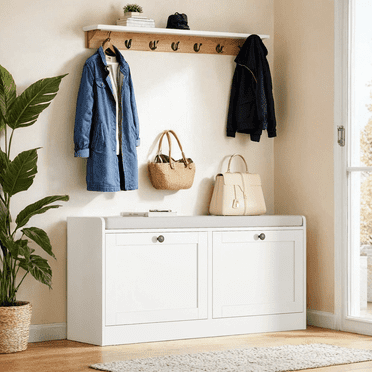 White Shoe Bench, Modern Entryway Bench with 2 Flip Drawers, Shoe Rack Bench with Padded Seat Cushion, Wooden Shoe Storage Bench for Entryway, Bedroom and Apartment