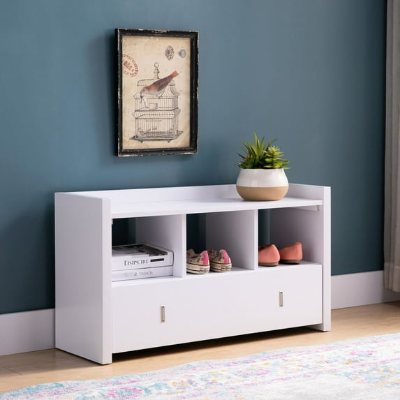 White Shoe Bench with Three Shelves and Drawer Storage - Entryway Storage for Easy Retrieval