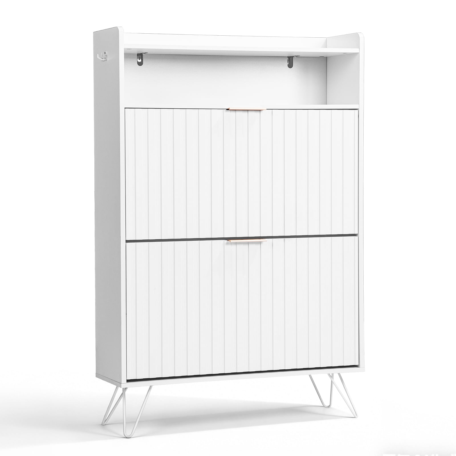 White Shoe Cabinet with Grille Design Flip-Top Compartment 2 Drawers High Feet Side Metal Hooks Slim Storage Organizer for Entryway Hallway Apartment Mudroom