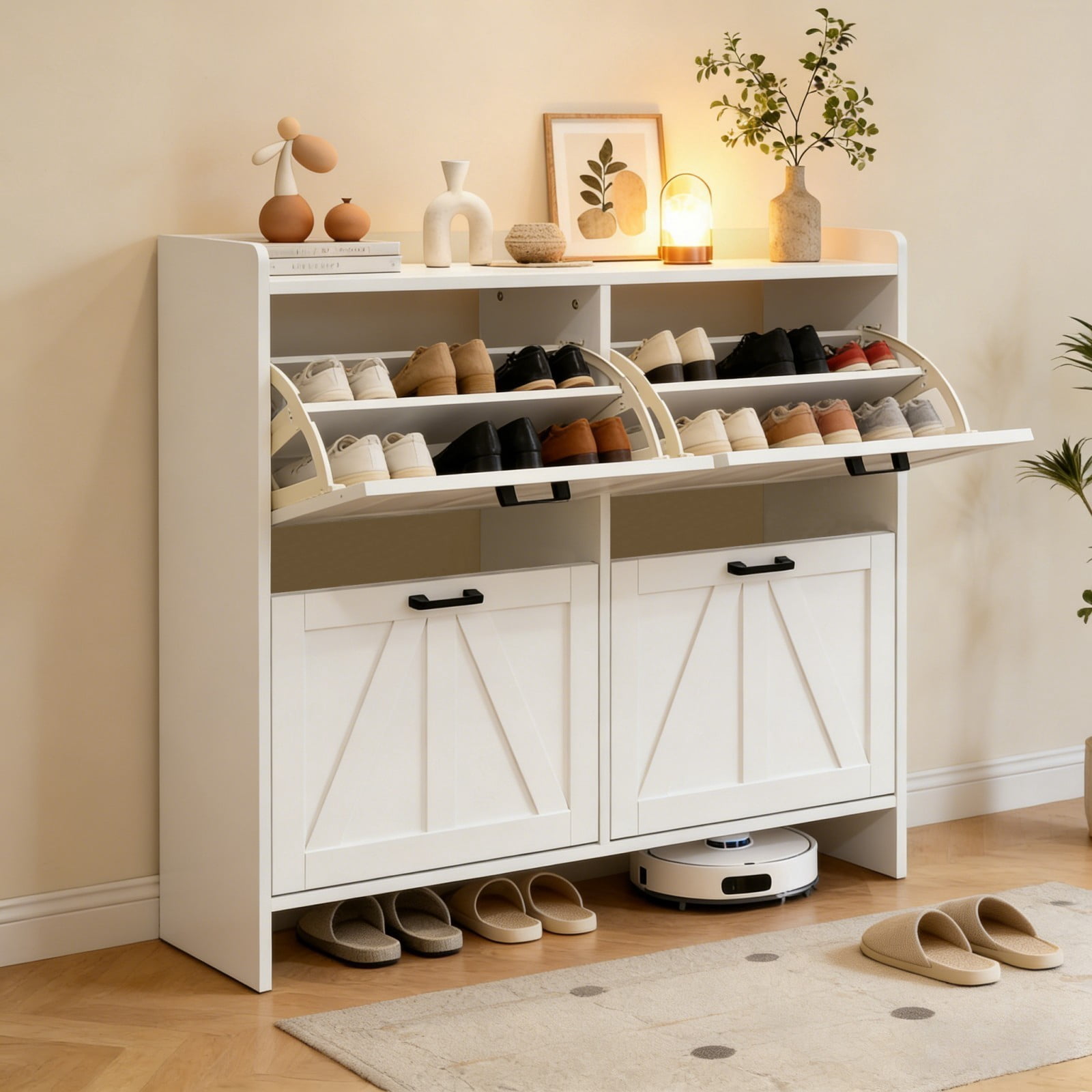 White Shoe Cabinet with 4 Flip Drawers, Modern Slim Entryway Shoe Storage Organizer with Barn Door Design for Hallway Living Room