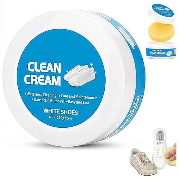 White Shoe Cleaner Cream Multipurpose No-Wash Solid Cleaning Paste with Sponge for Leather Sneakers Soles Removes Dirt