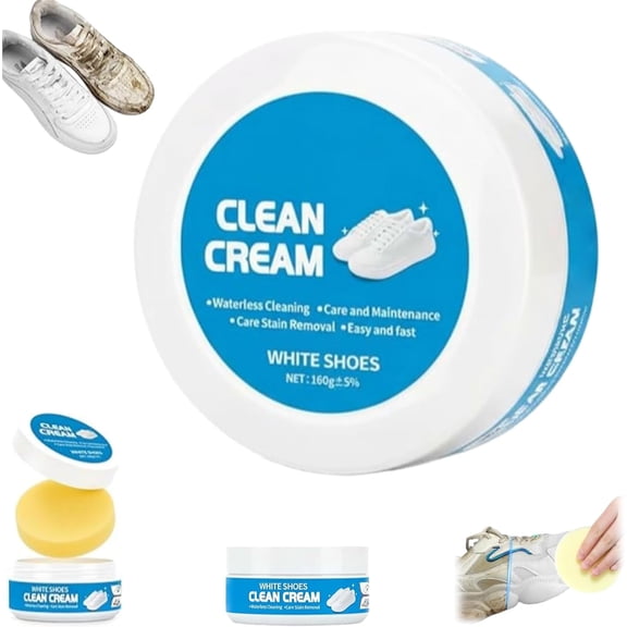 White Shoe Cleaner Cream, No Wash Stain Remover Paste with Sponge, Portable 3-in-1 Cleaning for Dirt & Scuffs, for Leather Sneakers Suede