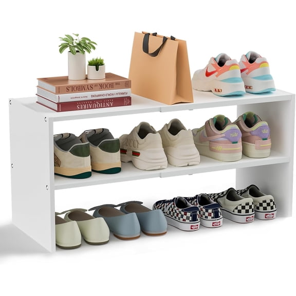 White Shoe Rack Organizer for Closet, 2-Tier Expandable Shoe Shelf, Stackable Iron Wood Combination Small Shoe Racks Shelves for Closets, Entryway,Small Space,Hallway,Garage,6-12 Pairs,Patent Pending