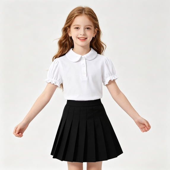 White Shool Uniform Shirts for Girls Cotton Polo Shirts Puff Sleeve with Button for Kids Tennis Tops Summer Casual Tees for School Performance Everyday 7-8 Years