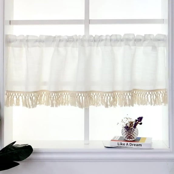 White Short Curtain for Window Tassel Kitchen Valance Rustic Style Rod Pocket Window Treatment Panel Decoration,24" x 59"
