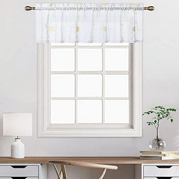 White Short Curtains 24 Inch Length for Small Window, Floral Embroidered Pom Design Semi Sheer Bathroom Curtain Window, Rod Pocket Window Treatment for Living Room Bedroom, 26"WX24"L, 2 Panels