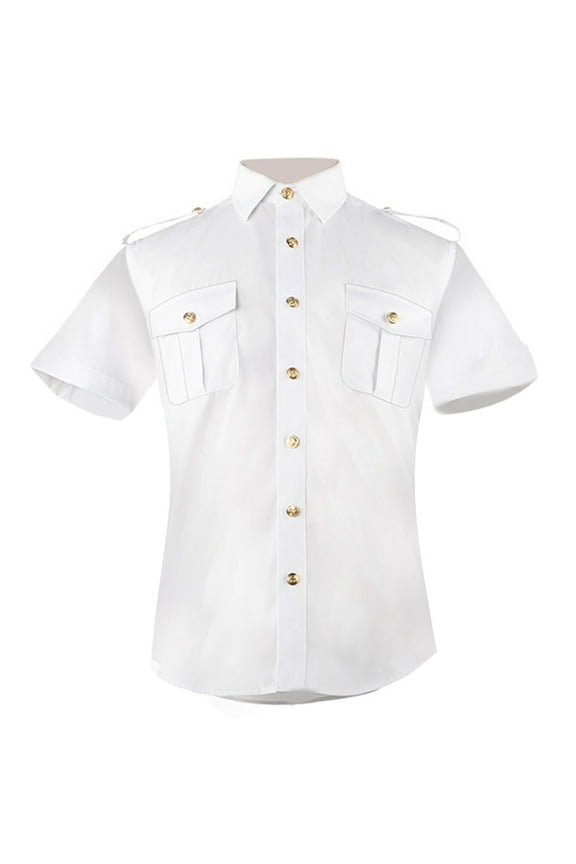 White Short/Long Sleeve Work Shirt Lapel Button Down Uniform Pilot Dress Shirt