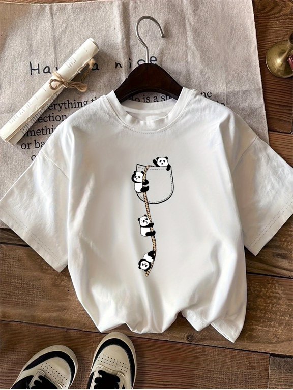 White Short Sleeve Crew Neck T-Shirt Cute Pocket Panda Climbing Rope Pattern Print Casual Summer Women's Fashion Top
