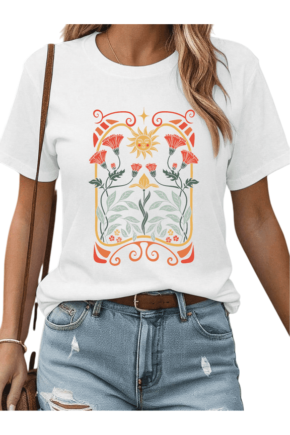White Short Sleeve Graphic Tees Print Tshirt Shirts Sun Floral Boho Casual S-5XL Tops