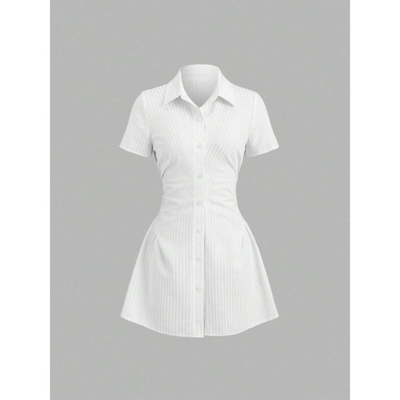 White Short Sleeve Shirt Dress With Collared Neck And Button Front, Fit & Flare Silhouette For Summer