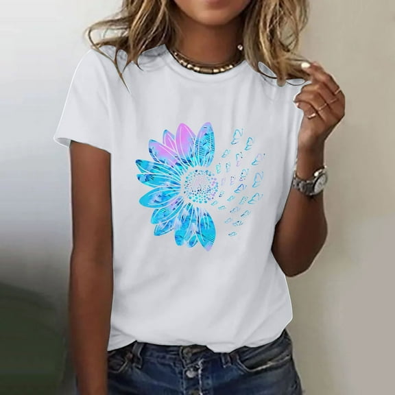 White Short Sleeve Shirts for Women's Sunflower Summer T Shirt Plus Size Loose Top Tops Girls Short Sleeve Graphic Casual T Shirt Fashion Clothing