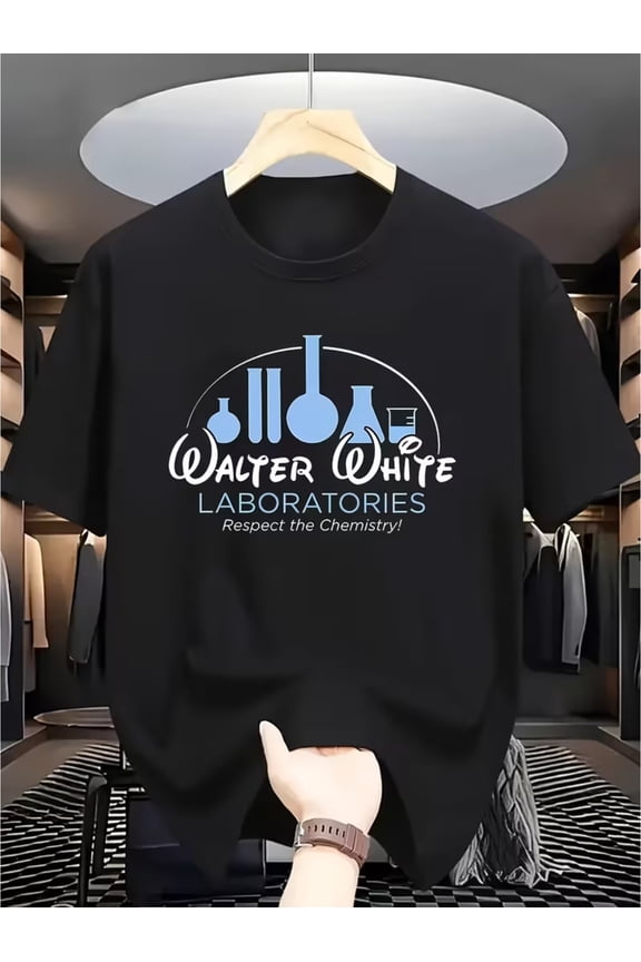 White Short-sleeve T-shirt Printed with "Walter White LABORATORIES Respect the Chemistry!" and Chemical Equipment Patterns: A Trendy Item That Combines Elements