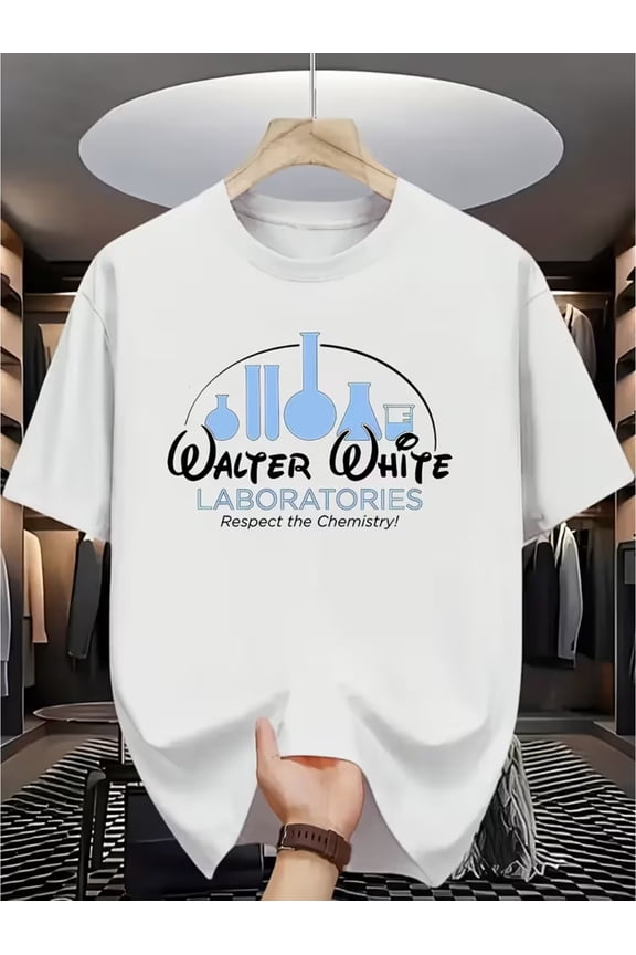White Short-sleeve T-shirt Printed with "Walter White LABORATORIES Respect the Chemistry!" and Chemical Equipment Patterns: A Trendy Item That Combines Elements