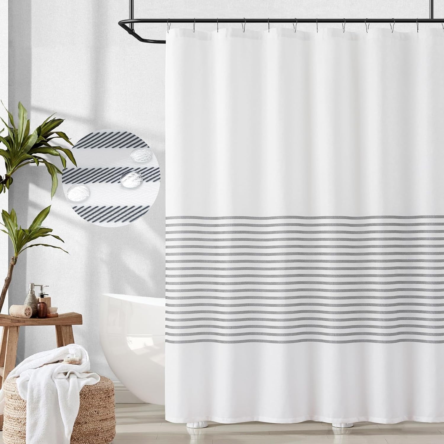 White Shower Curtain with Black Stripes Fabric Shower Curtain for Bathroom Modern Shower Curtain Waterproof in Bath 70x72 inches Long Shower Curtains Set with Curtain Hooks Spa Hotel