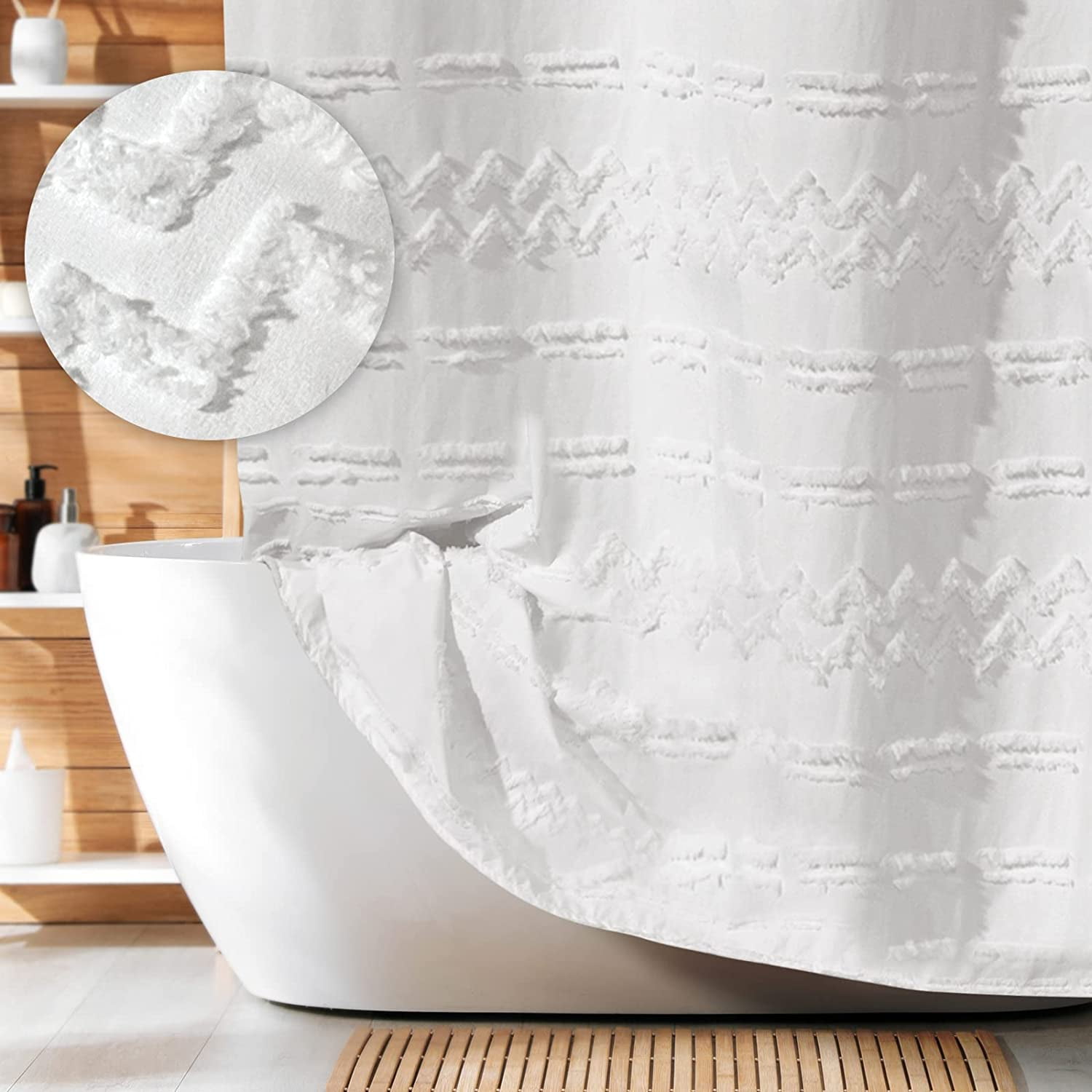 "White Fabric Boho Textured Tufted Striped Shower Curtain for Bathroom ...