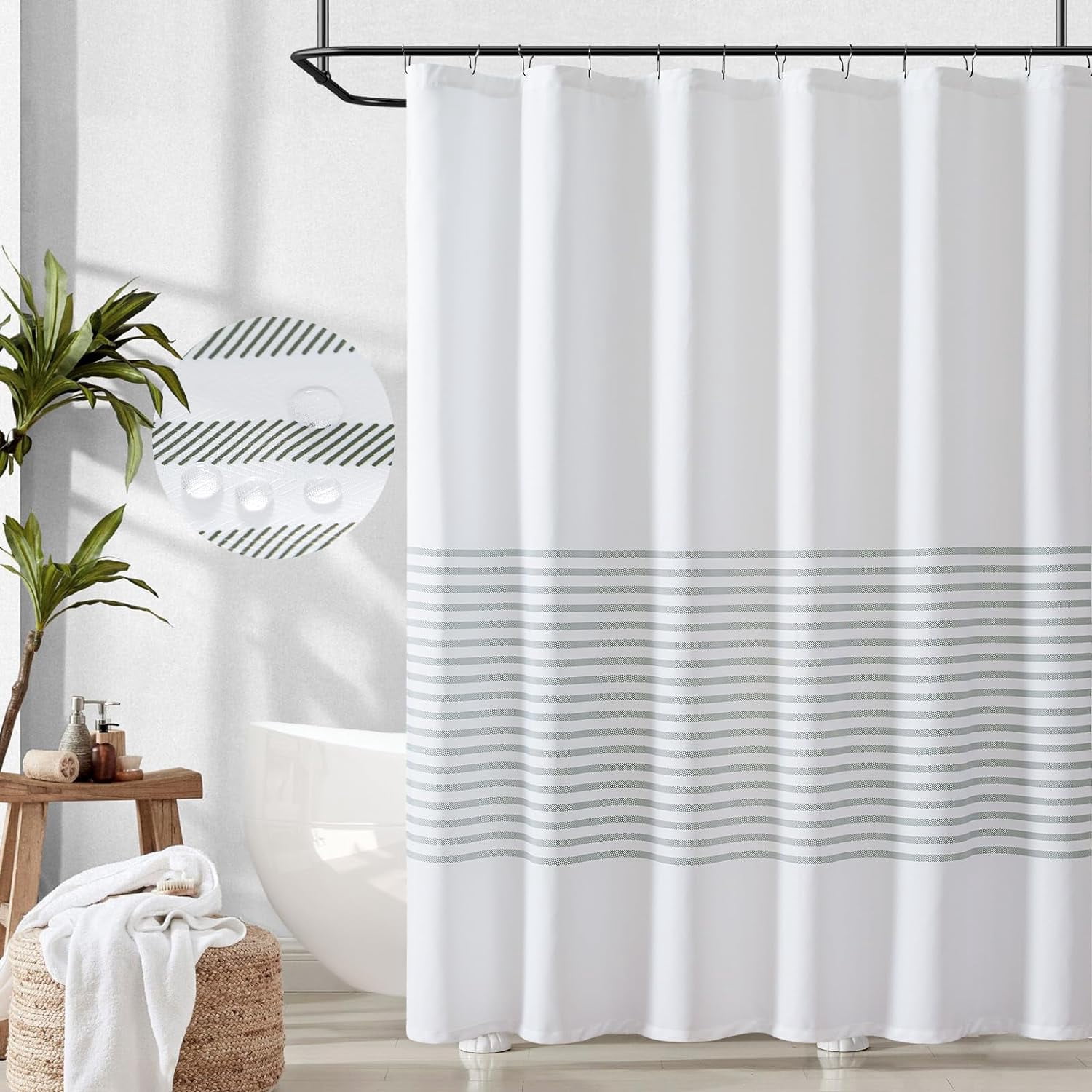 White Shower Curtain with Greenblack Stripes Waterproof Fabric Shower Curtain for Bathroom Modern Neutral Farmhouse Shower Curtain 70x72 inches with Hooks Shower Curtains Set Spa Hotel Dorm