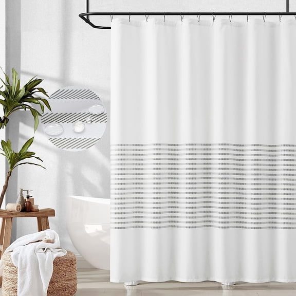 White Shower Curtain with Grey Stripes Fabric Shower Curtain for Bathroom Modern Shower Curtain Waterproof in Bath 70x72 inches Long Shower Curtains Set with Curtain Hooks Spa Hotel