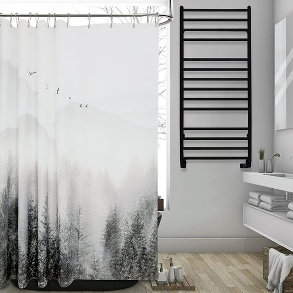 White Shower Curtain Nature Forest Woodland Winter Snow Art Mountain Watercolor Water Repellent Bathroom Curtain Decor Tree Shower Curtain Set Fabric Hotel Bathtubs with 12 Hooks 72 x 78 inch Long