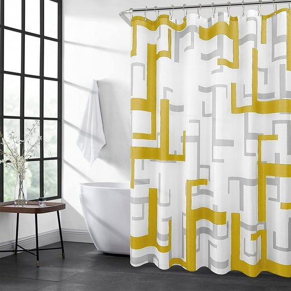 White Shower Curtain Set Shower Curtain for Bathroom Fabric Geometric Grey Shower Curtain with Hooks Heavy Duty Polyester Bathroom Curtain for Hotels Bathtubs, Gold, 72x72 inch