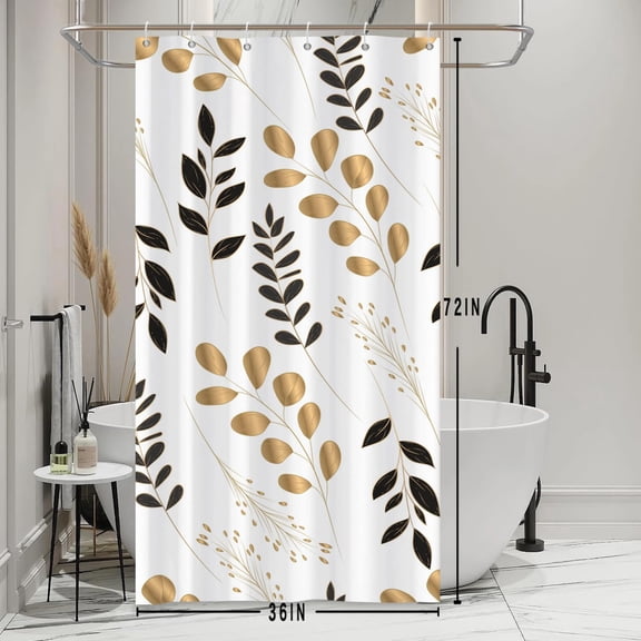 White Shower Curtain for Stall Bathroom Gold Black Eucalyptus Leaves Neutral Farmhouse Room Partition Home Decor Botanical Plants Waterproof Fabric RV Shower Curtains 36x72inches with Hooks