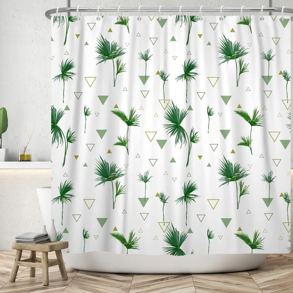 White Shower Curtain for Bathroom Green Grass Leaves Fabric Waterproof Home Decoration Geometry Cloth Bathtub Curtains with Hooks 84x72 inches
