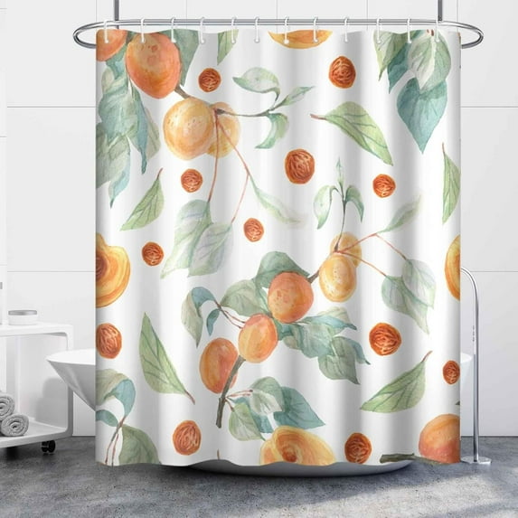 White Shower Curtain for Bathroom Orange Peaches Fabric RV Shower Curtains Waterproof 72x72inches Green Leaves Bathtub Shower Curtain Set with Hooks