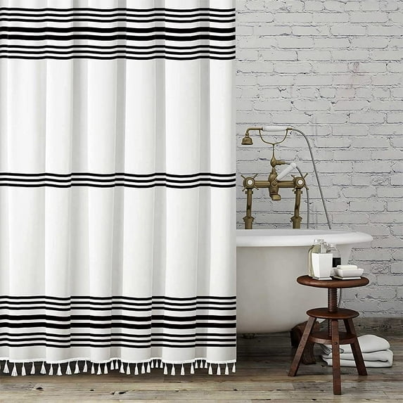 White Shower Curtain with Black Striped Farmhouse Tassel Shower Curtain Bathroom Decor 72x96 inch