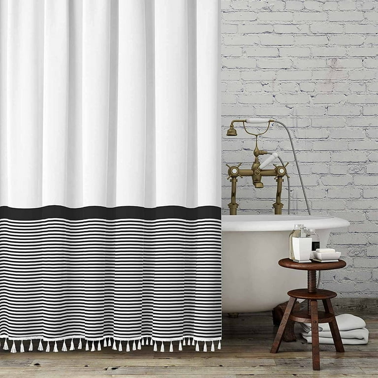 White Shower Curtain With Black Striped And Tassel Farmhouse Fabric Bathroom Extra Long Waterproof 72x96 Inch Com