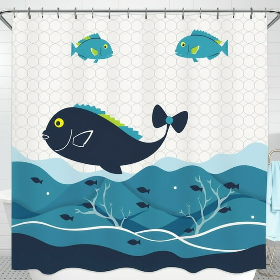 White Shower Curtain with Blue Fish & Yellow Eyes Teal Waves for Bathroom Decor