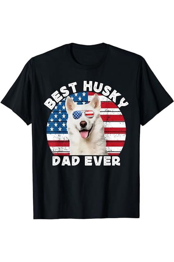 White Siberian Husky For Men Boys American Flag Husky Dog T-Shirt