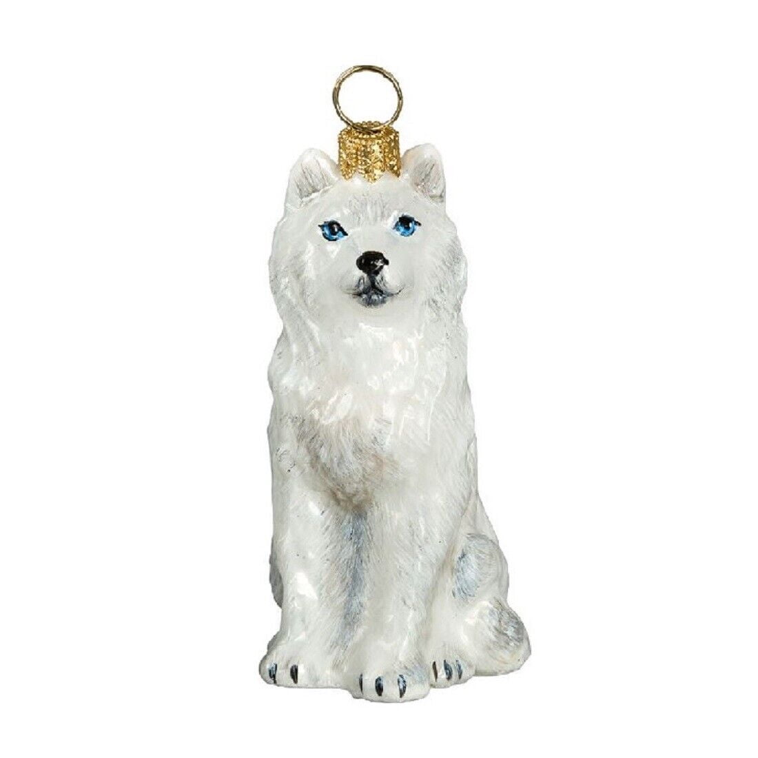 Joy To The World White Siberian Husky With Blue Eyes Blown Glass Christmas Ornament - Hand Painted Polish Glass Dog Ornament