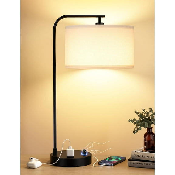 White Side Table Lamp with USB Port and Outlet, Dimmable Nightstand Bedside Lamps with Linen Lampshade, Desk Lamp for Bedroom, Living Room, Guest Room, Home Office, LED Bulb Included