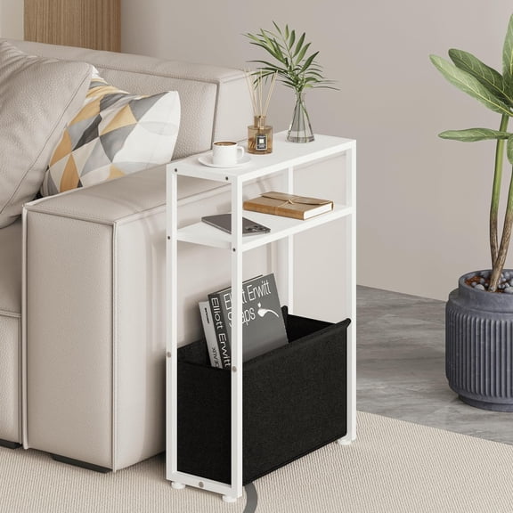 White Side Table, Narrow End Table with Shelves, Narrow Table for Small Spaces, Slim Side Table for Living Room, Bedroom