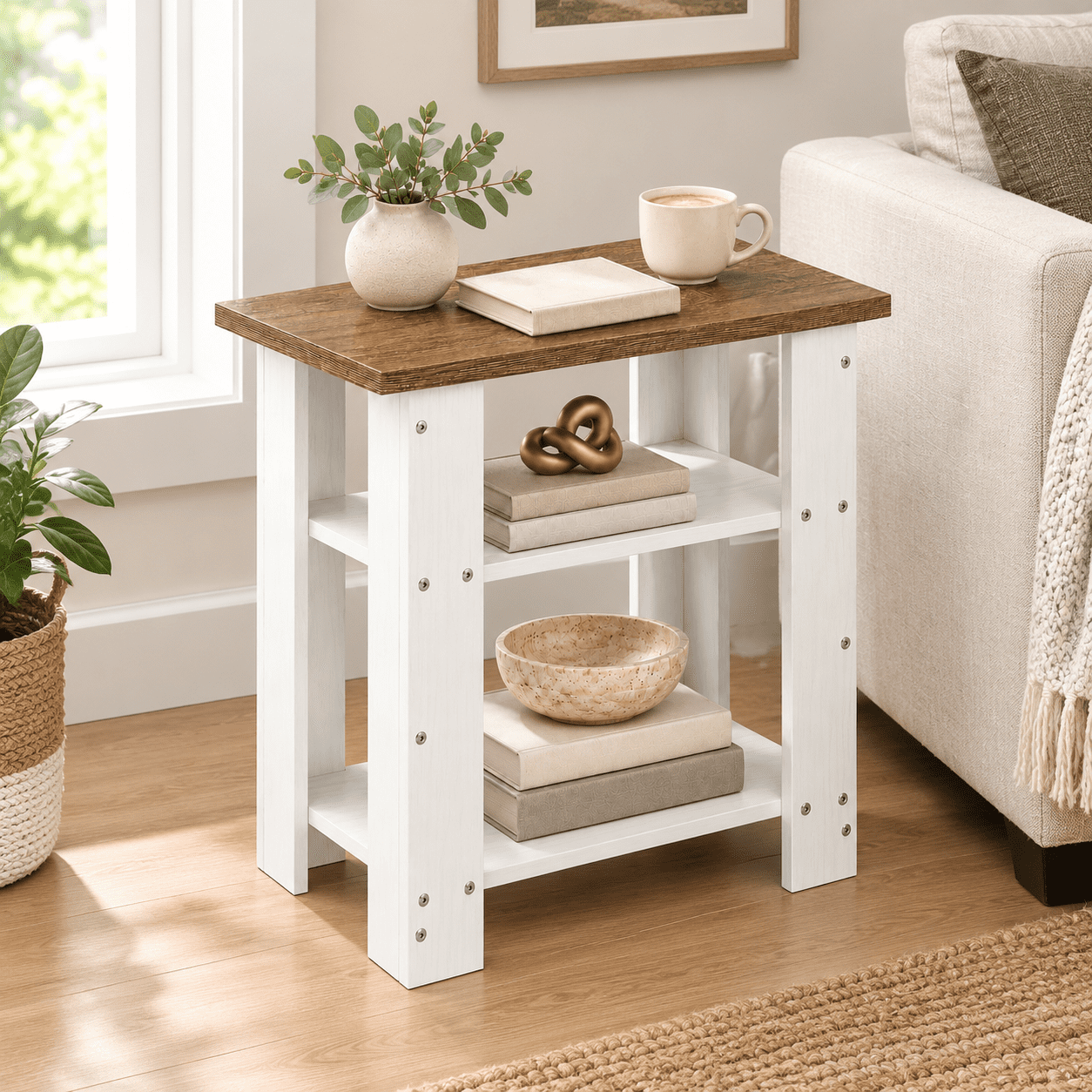 Whithe Table White Side Table With Oak Top 3 Tier Farmhouse End 22.8