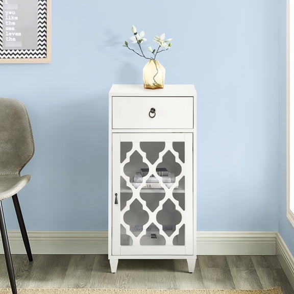 White Side Table With Smart Cabinet Drawer And Charming Glass Door Space-organizing