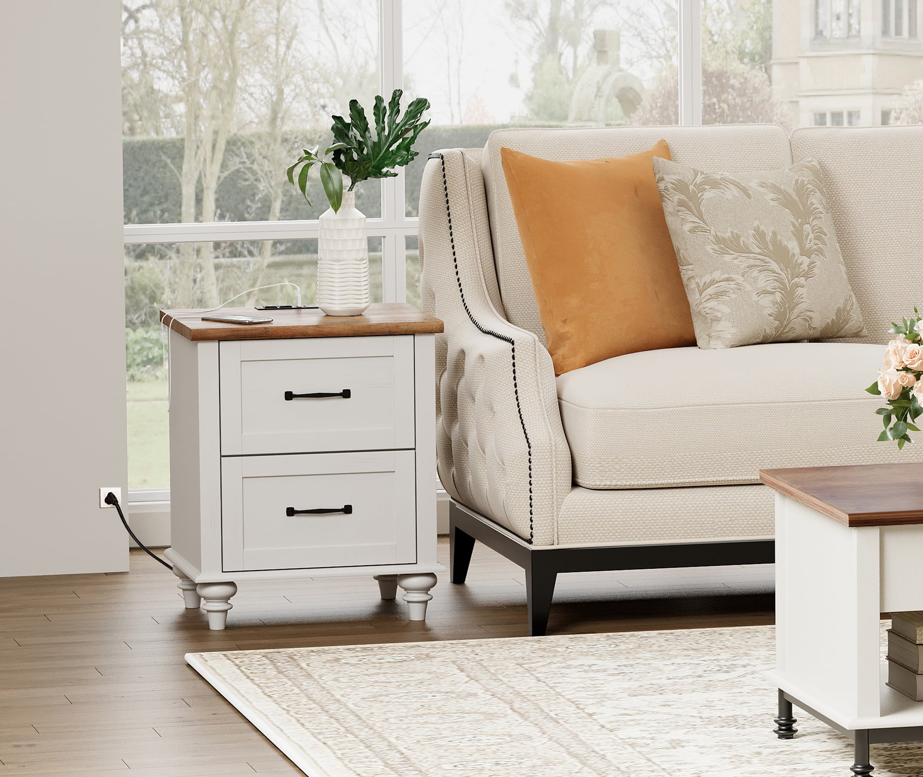 White Side Table with Charging Station for Living Room, Mid Century Nightstand for Bedroom Kids room