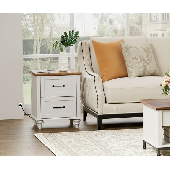 White Side Table with Charging Station for Living Room, Mid Century Nightstand for Bedroom Kids room